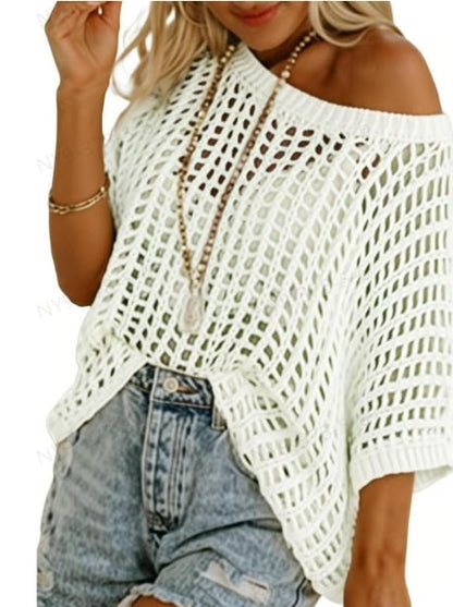 🎁2025 New Hot Sale - Womens Summer Scoop Neck Short Sleeve Sweater Casual Crochet Hollow Out Knit Tops Pullover Shirts Beach Coverup