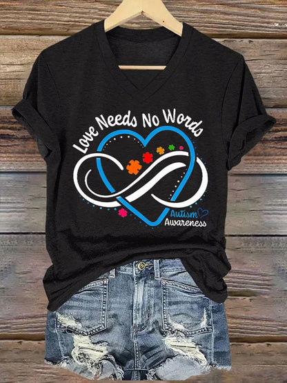 V-neck Retro Autism Awareness Love Needs No Words Infinity Symbol Print T-Shirt
