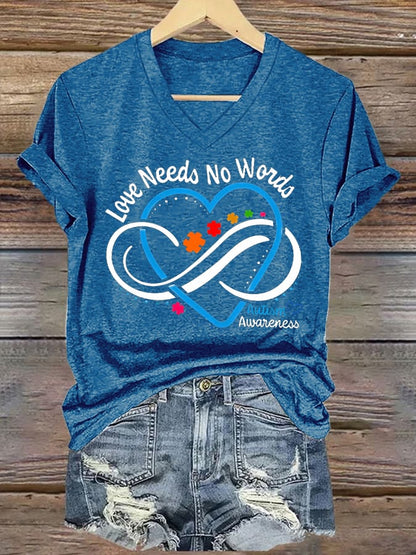 V-neck Retro Autism Awareness Love Needs No Words Infinity Symbol Print T-Shirt