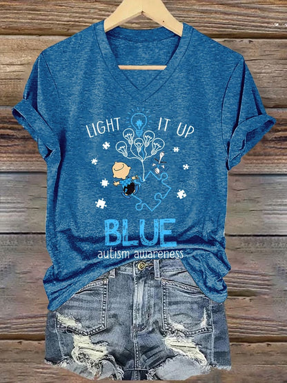 V-neck Retro Autism Awareness Light It Up Blue Print T-Shirt