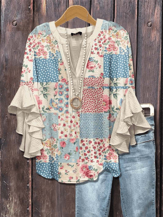 Women's Vintage Botanical Floral Print V-Neck Ruffle Shirt