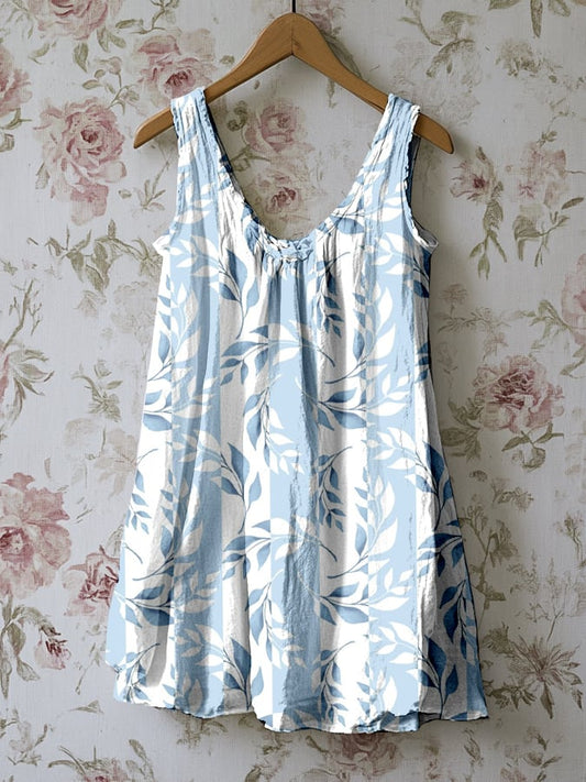 Women's Vintage Botanical Floral Patchwork Art Print Linen Sleeveless Loose Tank Top