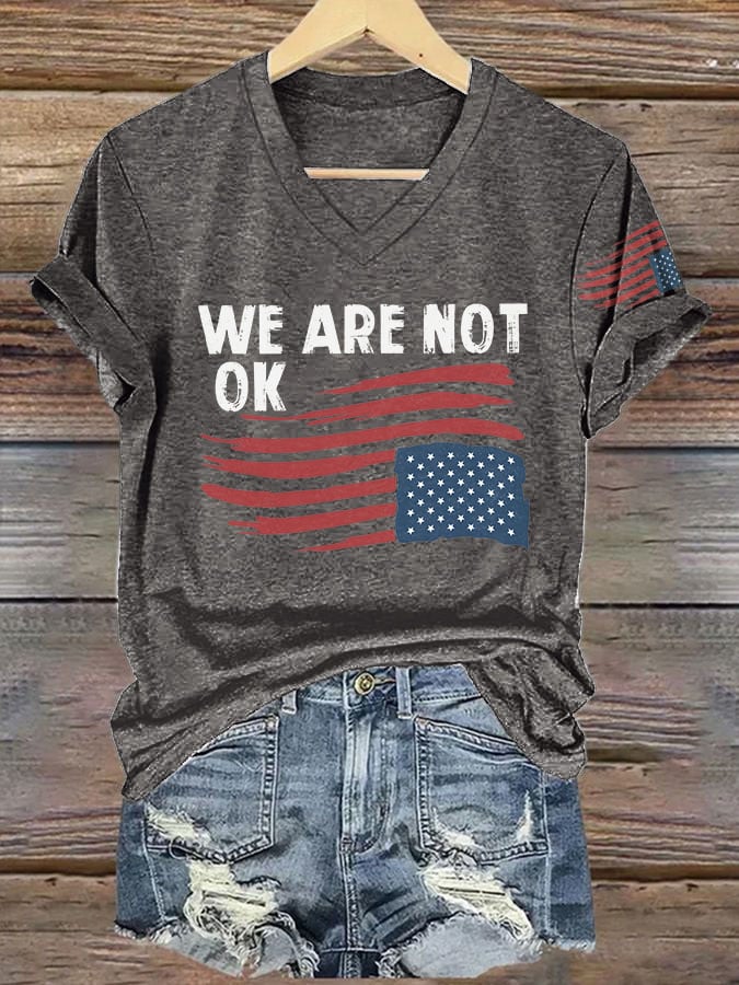 V-neck Retro We Are Not Ok Print T-Shirt