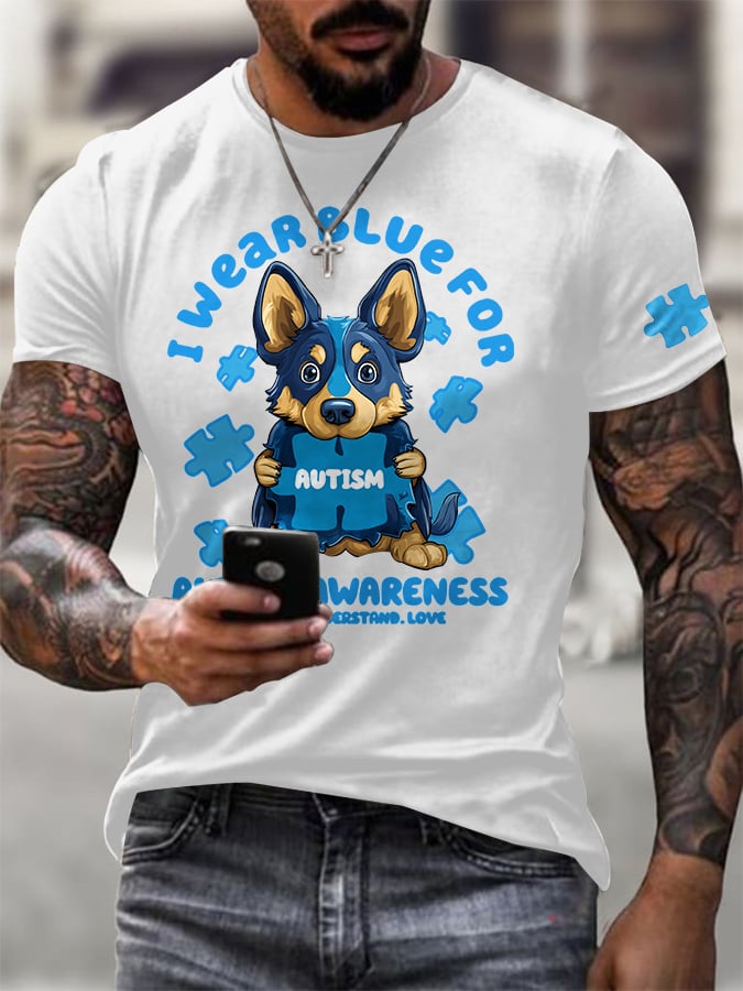 Men's Retro I Wear Blue For The Month Of April For Autism Print Casual Round Neck T-Shirt