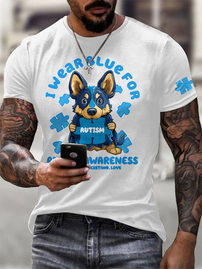 Men's Retro I Wear Blue For The Month Of April For Autism Print Casual Round Neck T-Shirt