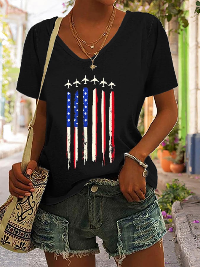 Women's American Flag Independence Day Print V-Neck T-Shirt