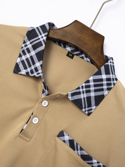 Men's Retro Plaid Stitching Fashion Casual Polo Shirt (With Pockets)