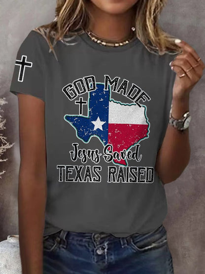 Retro Texas Strong God Made Jesus Saved Texas Print T-Shirt