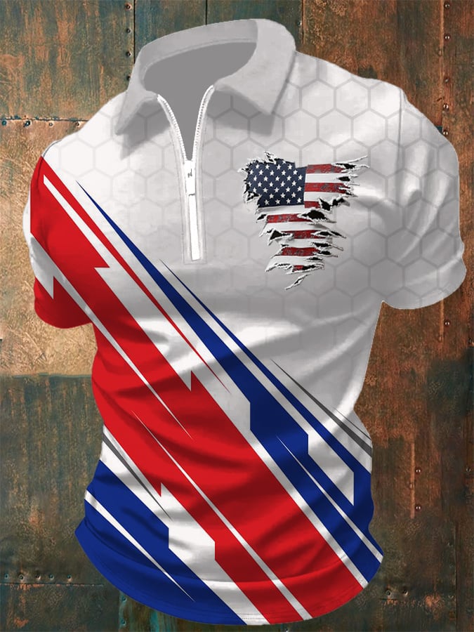 Men's Independence Day Patch National Flag Print Lion Zip-Up POLO Shirt