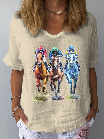 Women's Horse Racing Print Casual V-Neck Cotton and Linen Top