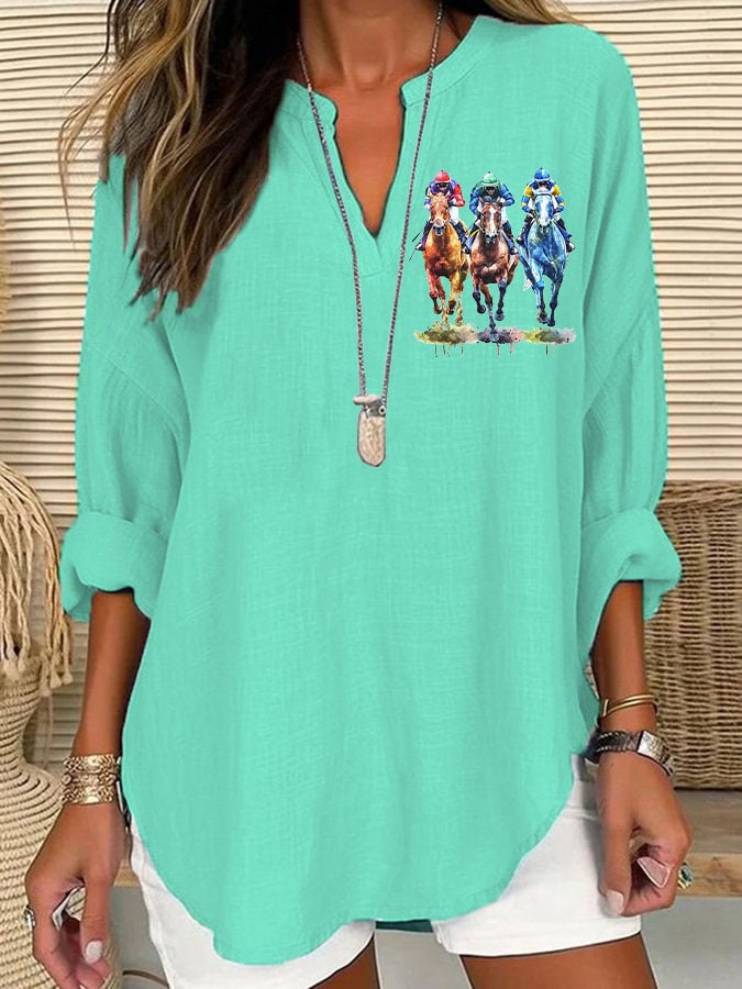 Women's Horse Racing Print Casual Long Sleeve V-Neck Shirt