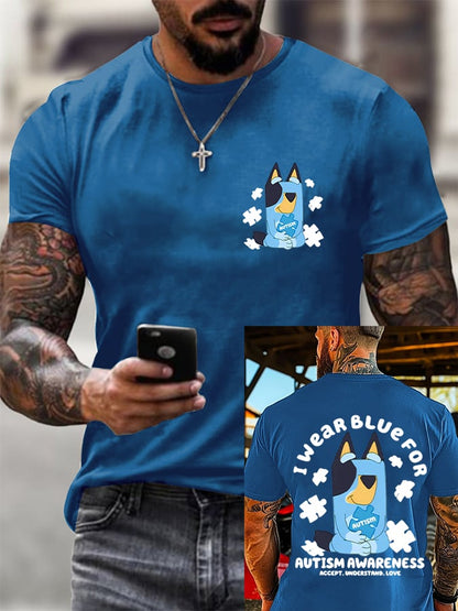 Men's Retro Autism Awareness I Wear Blue For Autism Printed Round Neck T-Shirt