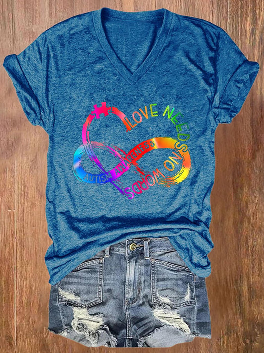 V-neck Retro Autism Awareness Infinity Puzzle Piece Heart Love Needs No Words Print T-Shirt