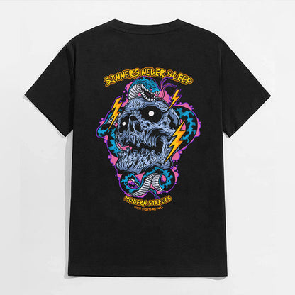 SINNERS NEVER SLEEP Skull with Snake Black Print T-shirt