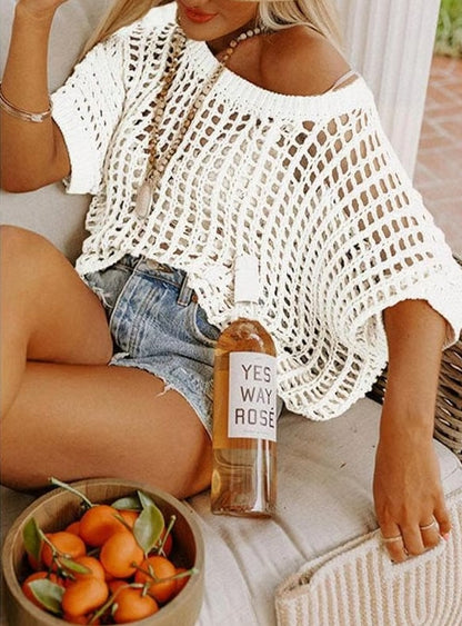 🎁2025 New Hot Sale - Womens Summer Scoop Neck Short Sleeve Sweater Casual Crochet Hollow Out Knit Tops Pullover Shirts Beach Coverup