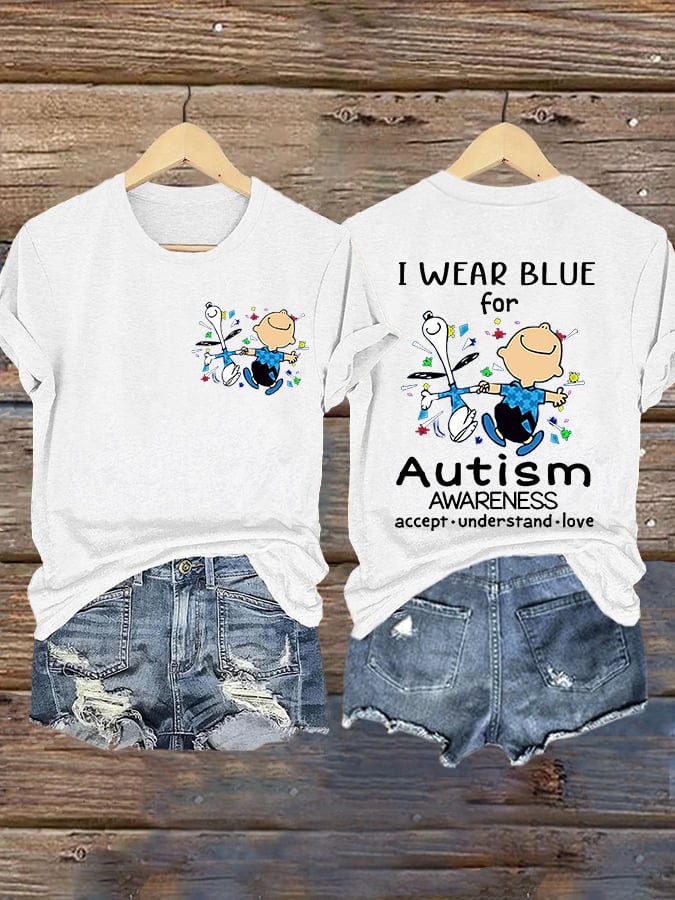 Retro Autism Awareness I Wear Blue For Autism Accept, Understand, Love Print T-Shirt