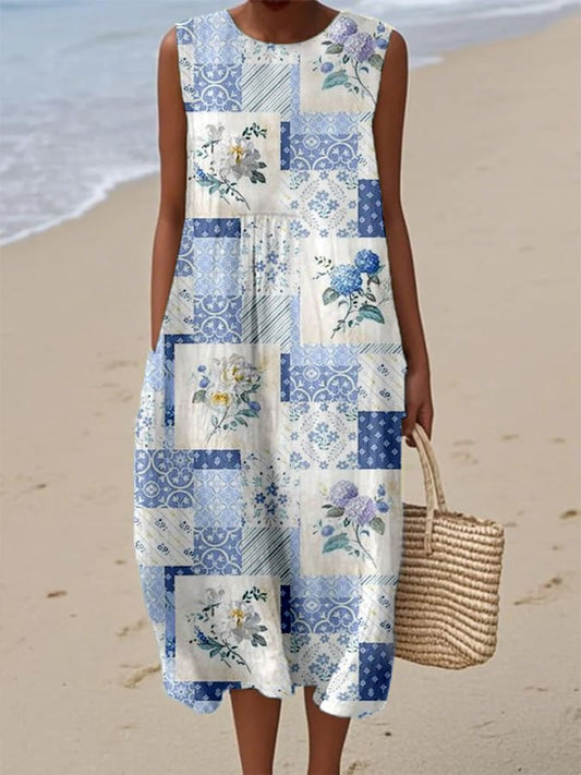 Women's Vintage Botanical Floral Patchwork Art Print With Pockets Dress