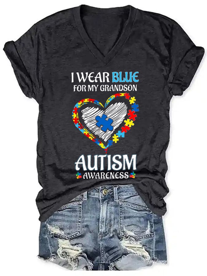 Women's I Wear Blue For Autism Awareness Print V-Neck T-Shirt