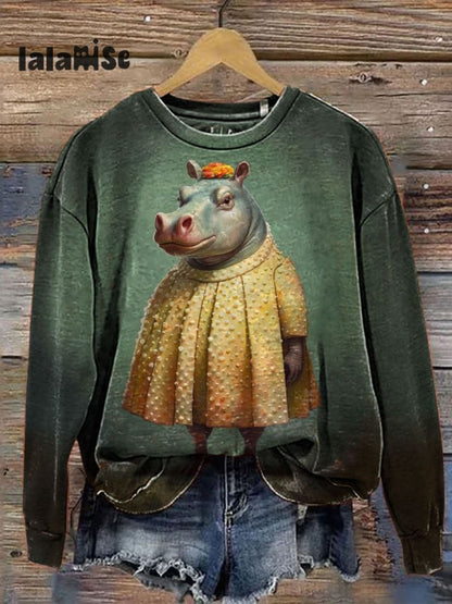 Funny Hippo Cute Lady Hippopotamus Art Pattern Print Casual T-shirt