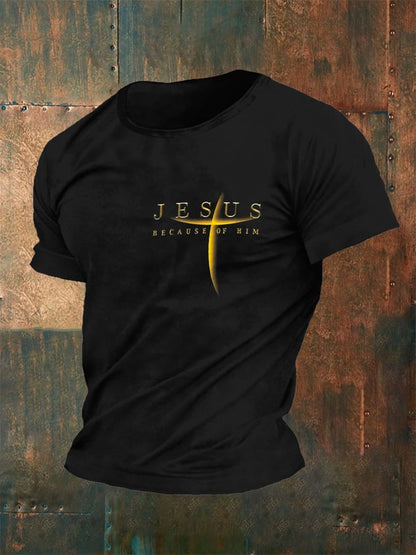 Men's Vintage Faith “Jesus Because Of Him”” Print Casual T-Shirt