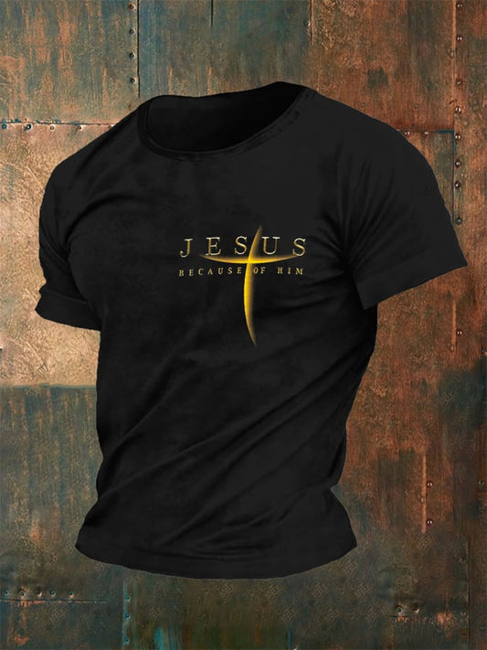 Men's Vintage Faith “Jesus Because Of Him”” Print Casual T-Shirt