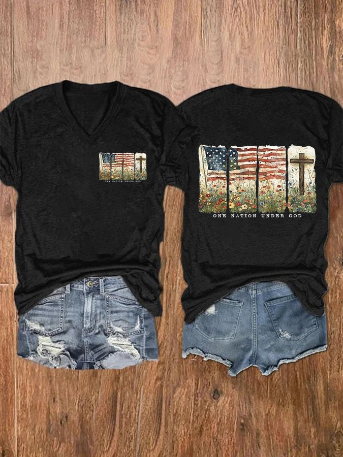 Women'S Casual One Nation Under God Faith Graphic Print Short Sleeve T-Shirt