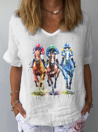 Women's Horse Racing Print Casual V-Neck Cotton and Linen Top