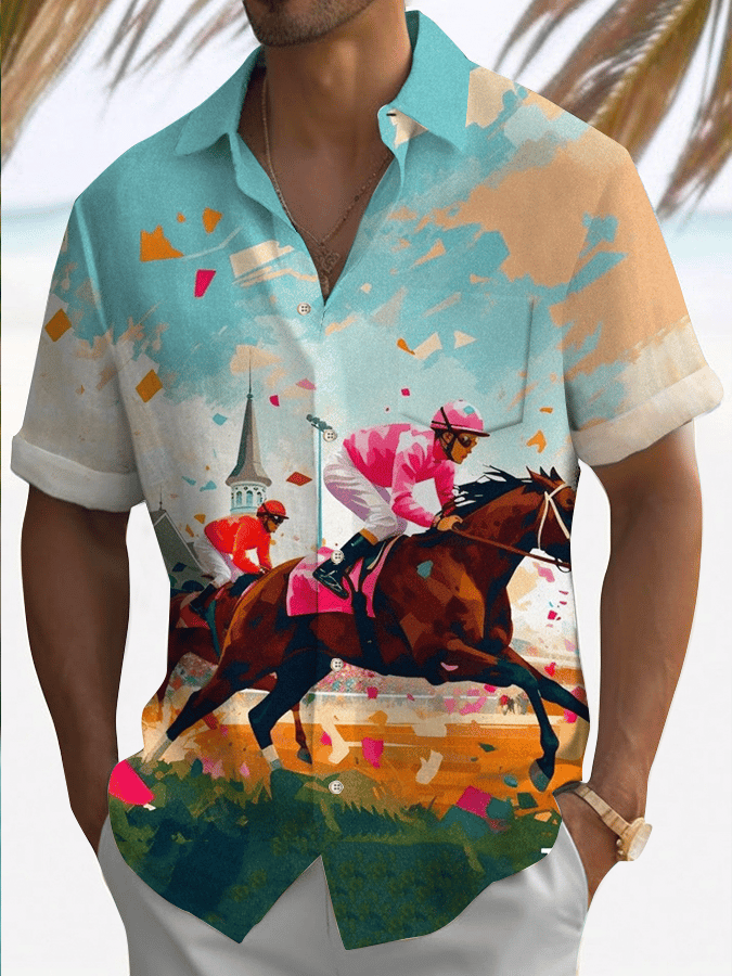 Men's Horse Racing Print Shirt (With Pockets)