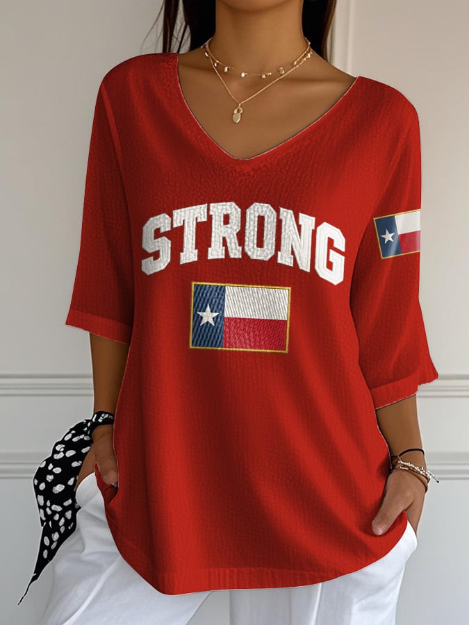 V-Neck Retro Texas Strong Print T-Shirt