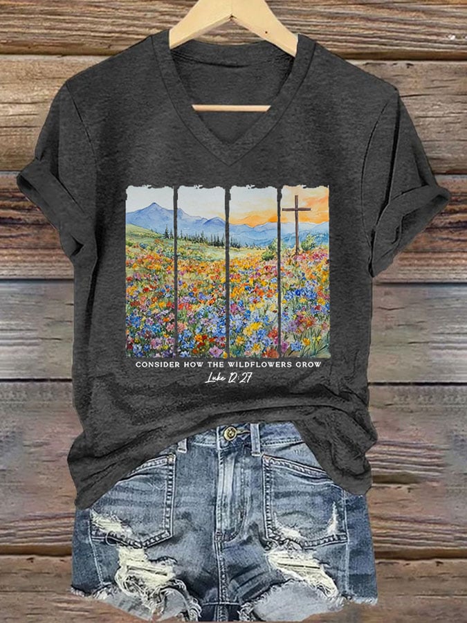 Women'S Casual Consider The Wildflowers Watercolor Aesthetic Christian Print Short Sleeve T-Shirt