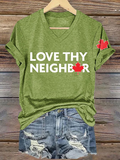 V-Neck Retro Love Thy Neighbor Canada Print T-Shirt
