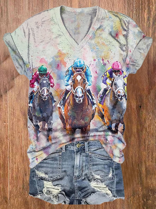 Women’s Retro Riding Print V-Neck T-Shirt