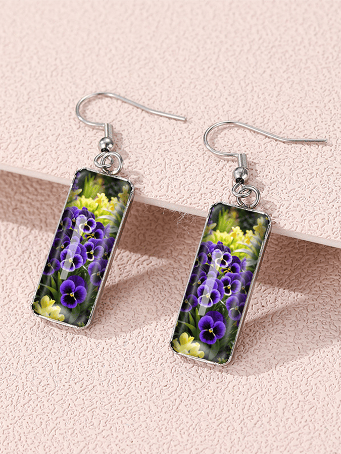 Purple Square Pansy Design Earrings