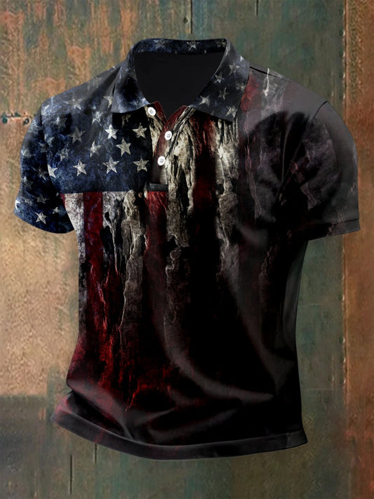 Men's Outdoor Independence Day American Flag Button Short Sleeve Polo Shirt