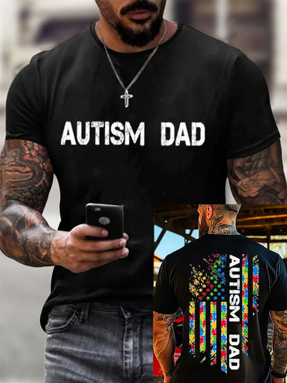 Men's Retro Autistic Dad Autism Awareness Printed Round Neck T-Shirt