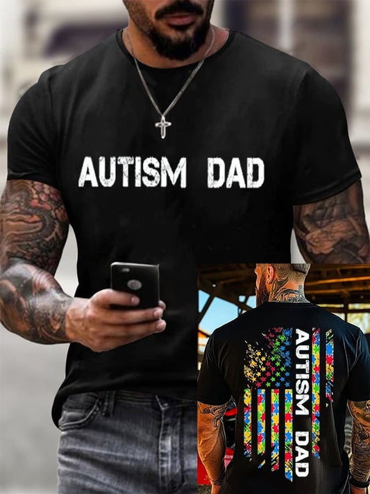 Men's Retro Autistic Dad Autism Awareness Printed Round Neck T-Shirt