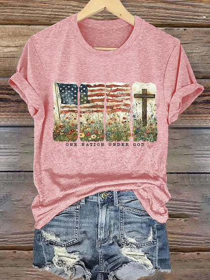 Women'S Casual One Nation Under God Faith Graphic Print Short Sleeve T-Shirt
