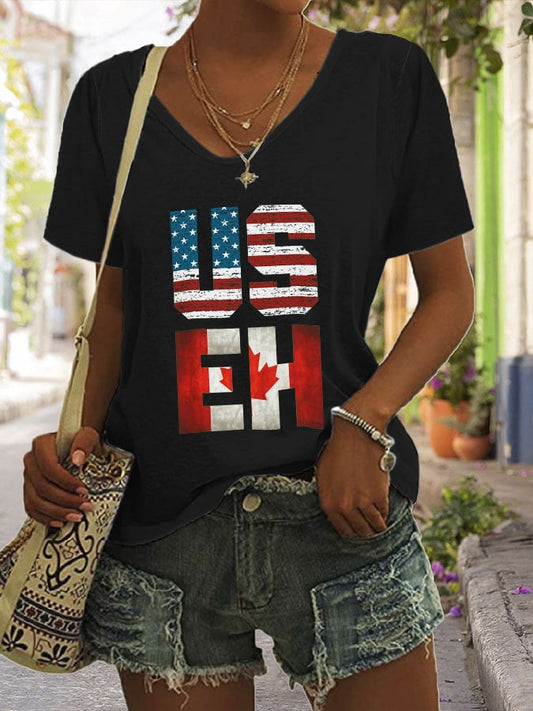 Women's Casual Canada Day Graphic Print V-Neck Short Sleeve T-Shirt