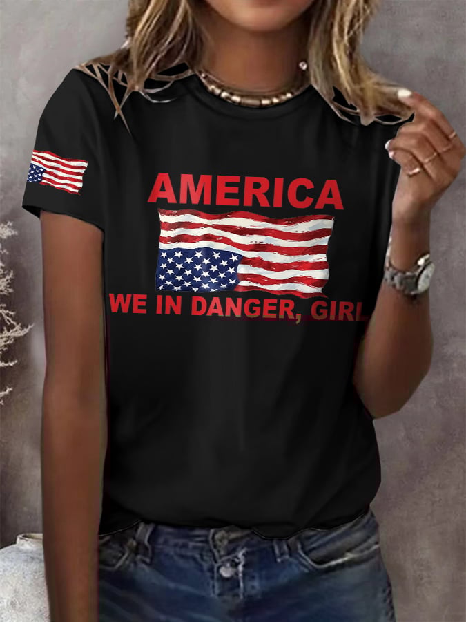 Retro America We Are In Danger Girl Print T-Shirt