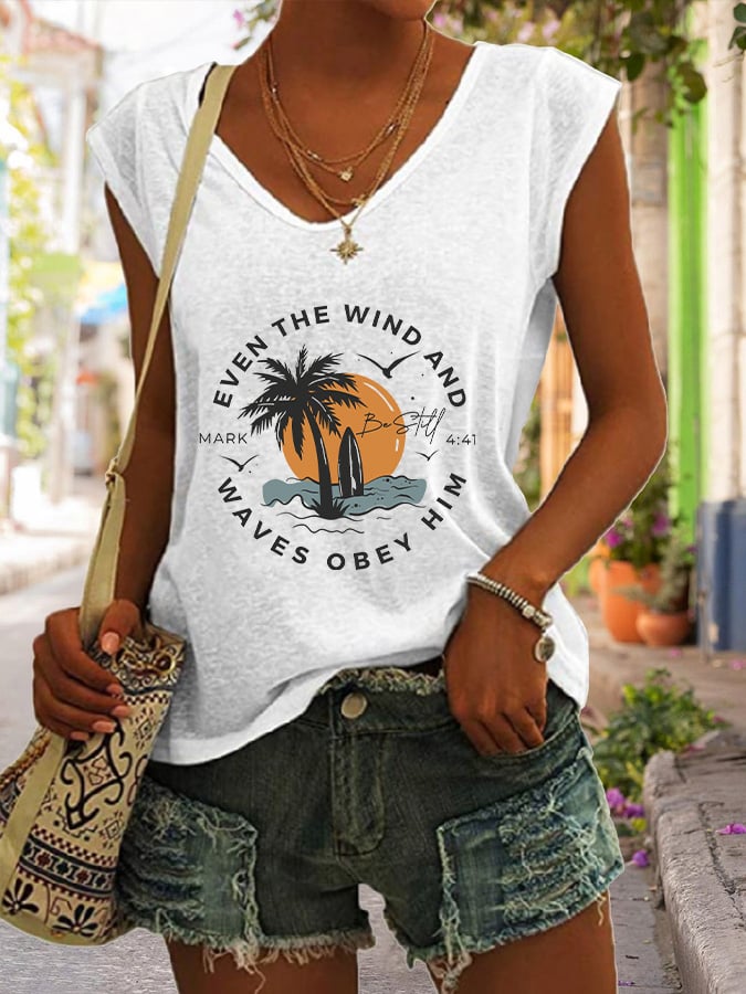 Women's Casual Christian Bible Verse Palm Tree Print Tank Top
