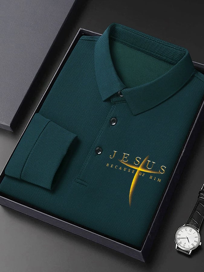 Men's Vintage Faith “Jesus Because Of Him” Long Sleeves Polo Shirt