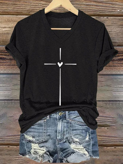 Women's Christian Faith Cross Printed V-Neck Short Sleeve T-Shirt