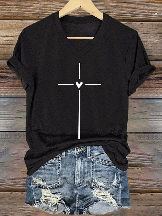 Women's Christian Faith Cross Printed V-Neck Short Sleeve T-Shirt