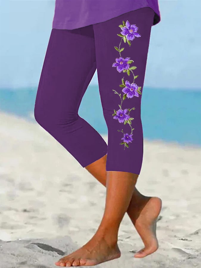 Women's Alzheimer's Purple Flower Print Awareness Support Cropped Leggings