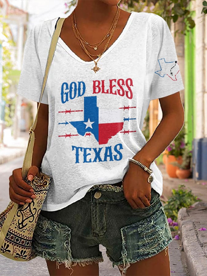 V-Neck Retro Texas Strong God Bless Texas Print T-Shirt