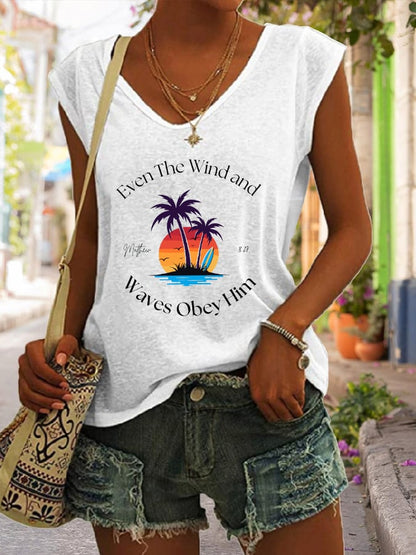 Women's Casual Christian Bible Verse Palm Tree Print Tank Top