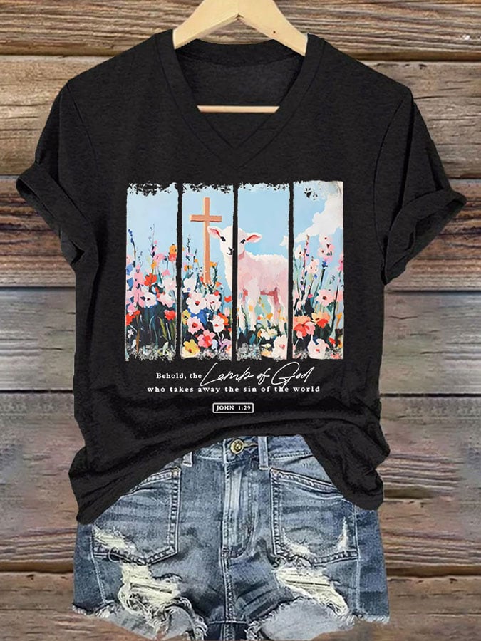 Women'S Casual Lamb of God Sublimation Bible Verse Print Short Sleeve T-Shirt