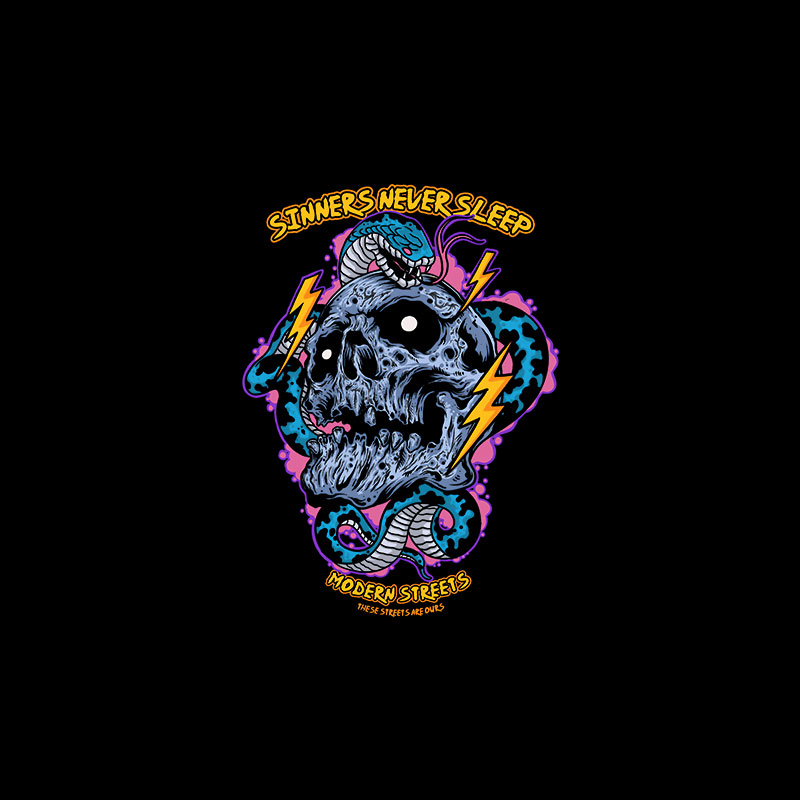 SINNERS NEVER SLEEP Skull with Snake Black Print T-shirt
