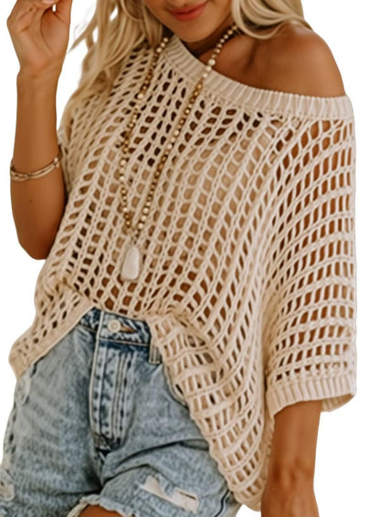 🎁2025 New Hot Sale - Womens Summer Scoop Neck Short Sleeve Sweater Casual Crochet Hollow Out Knit Tops Pullover Shirts Beach Coverup