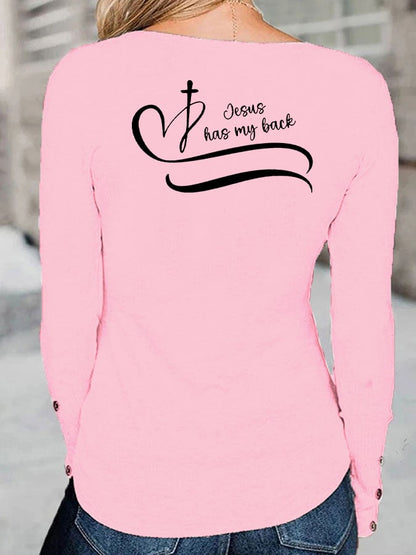 Women's Faith Love Like Jesus Jesus Has My Back Print Button Top